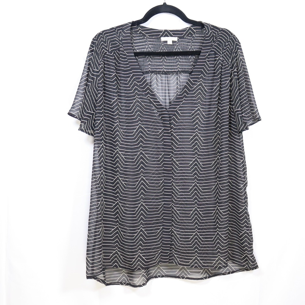 Pleione Chevron V-Neck Blouse 1X Black Women Office Core Career Top